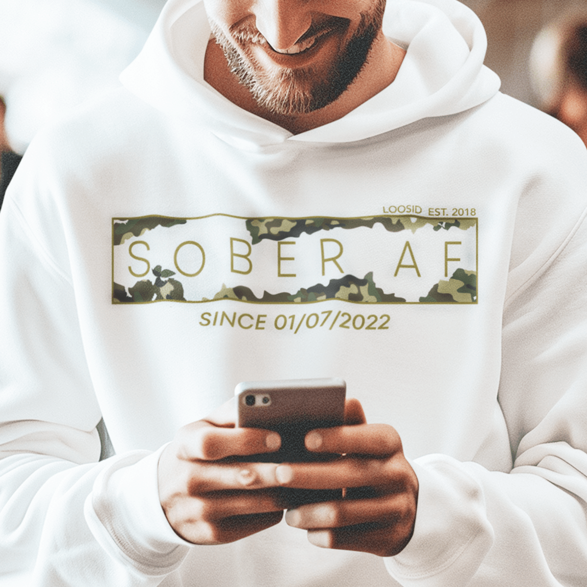 Recovery hoodie with camo design and custom sobriety date