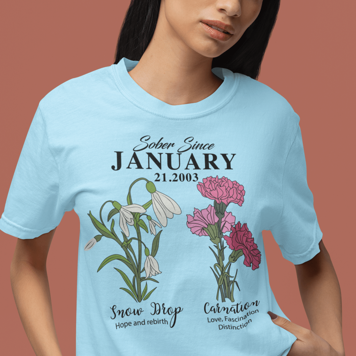 Sober Since Monthly Flower Tee – Personalized with Your Sober Date