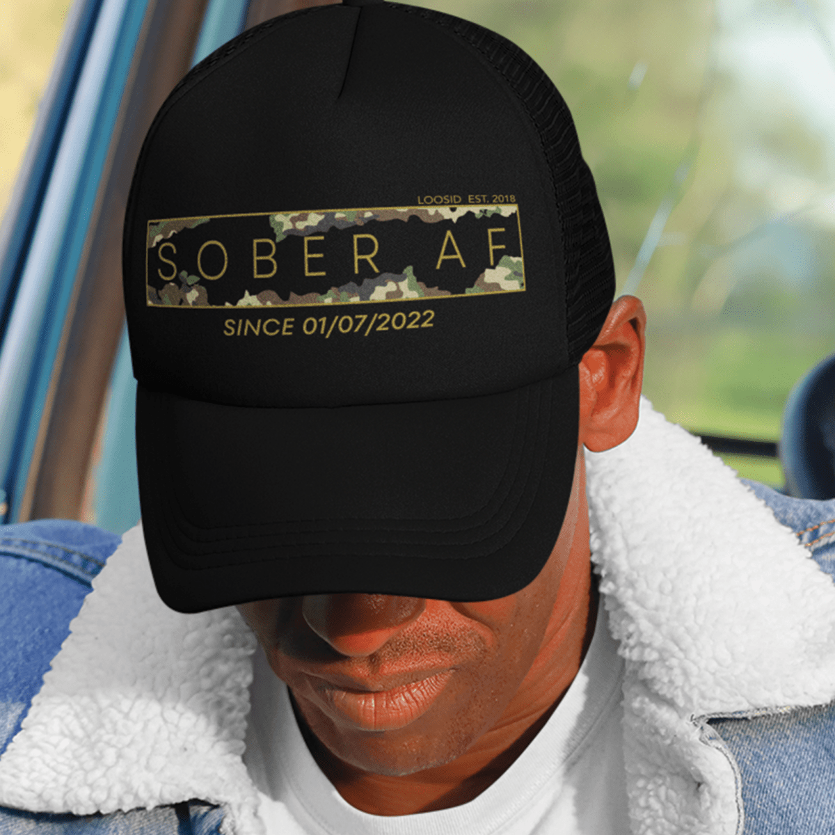 Sober hat featuring bold Sober AF design