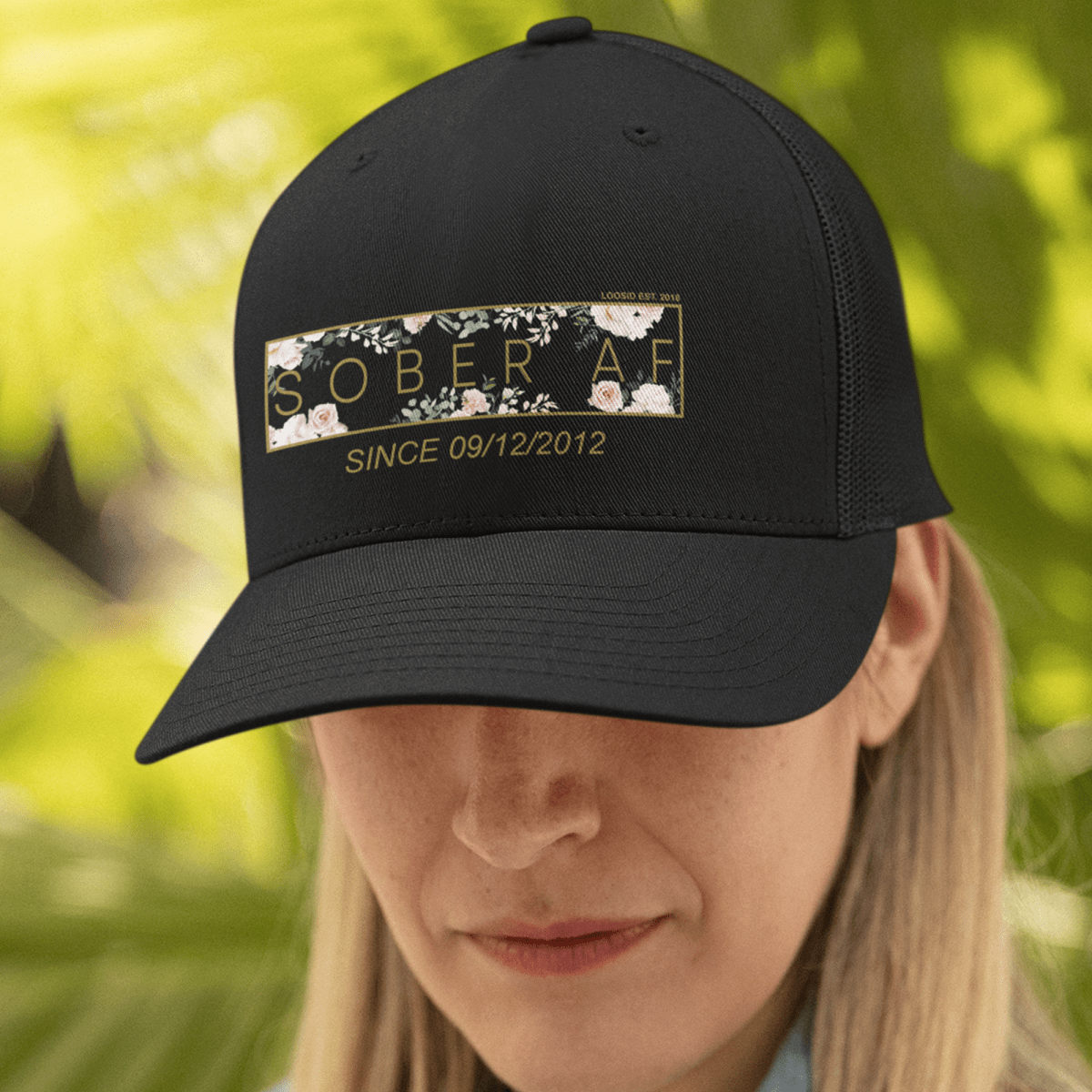 Women's Sober AF Flower Trucker Hat w/ Personalized Sobriety Date