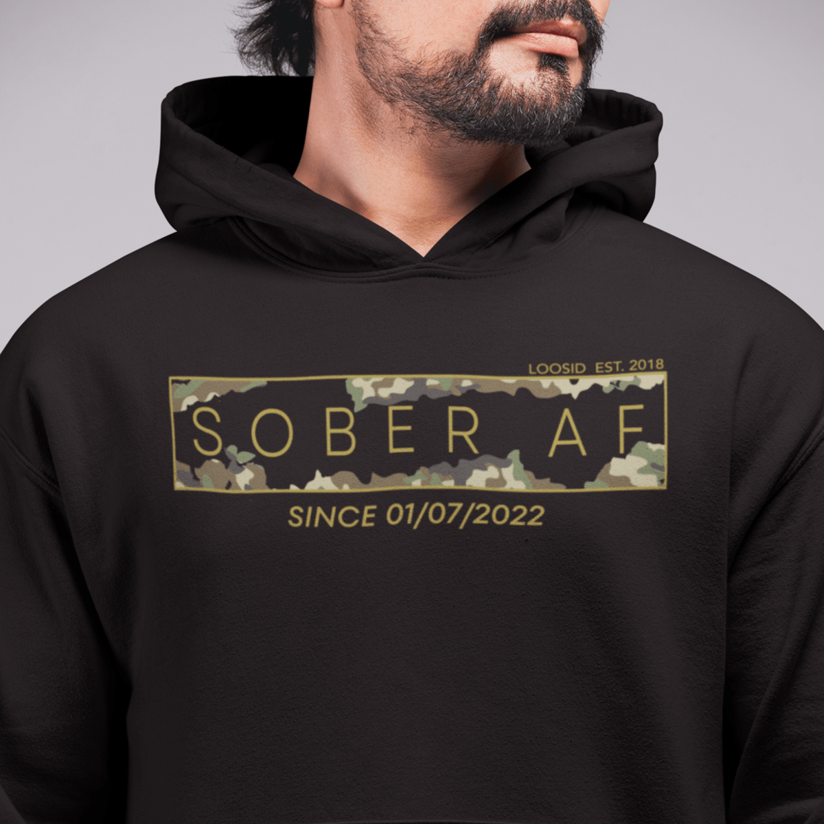 Recovery Hoodie | Men's Sober AF Camo Hoodie with Custom Sober Date