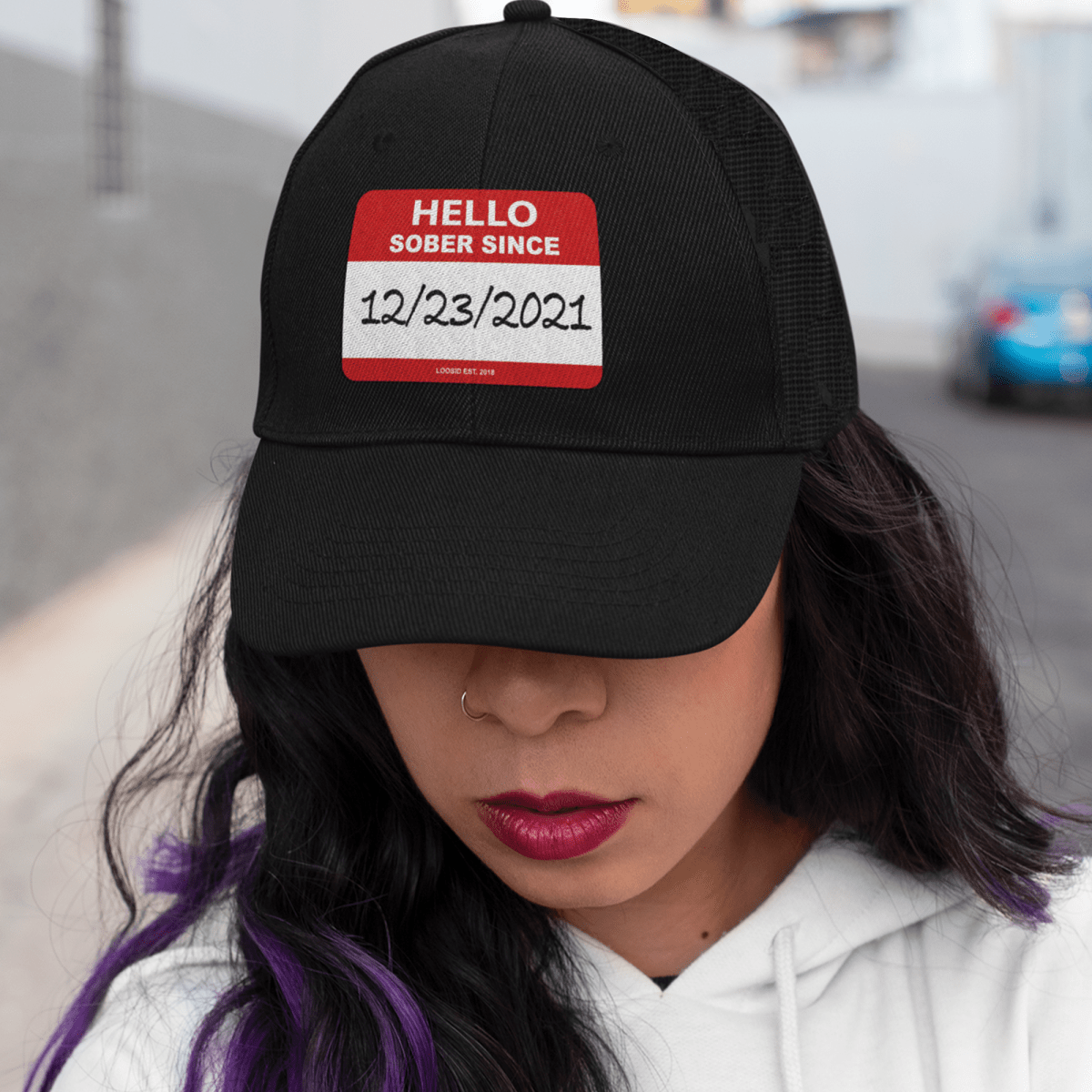 Women's Hello Sober Since Trucker Cap w/ Personalized Sobriety Date