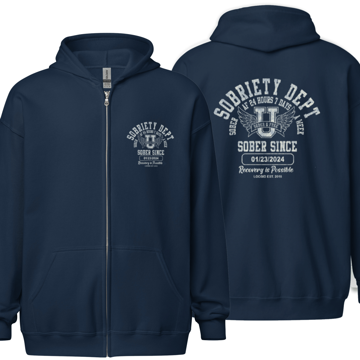 Sobriety Dept Zip Hoodie Front and Back Print Hoodie – Sober AF 24/7 with Custom Sobriety Date