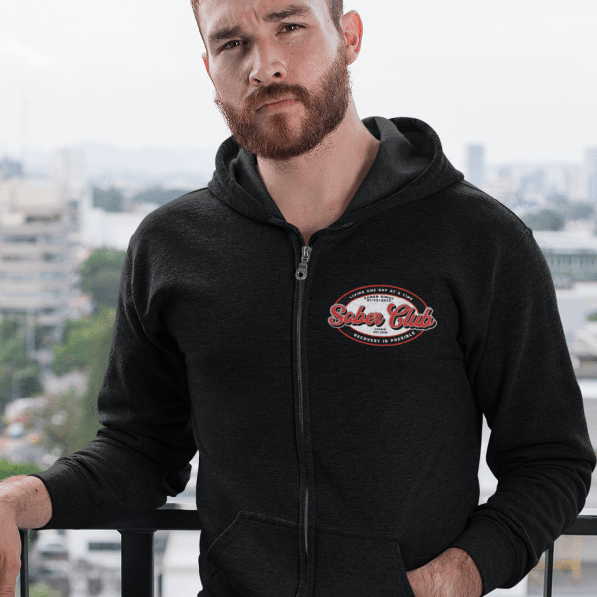 Sober Club Badge Left Chest Print Unisex Zip Hoodie with Custom Sobriety Date