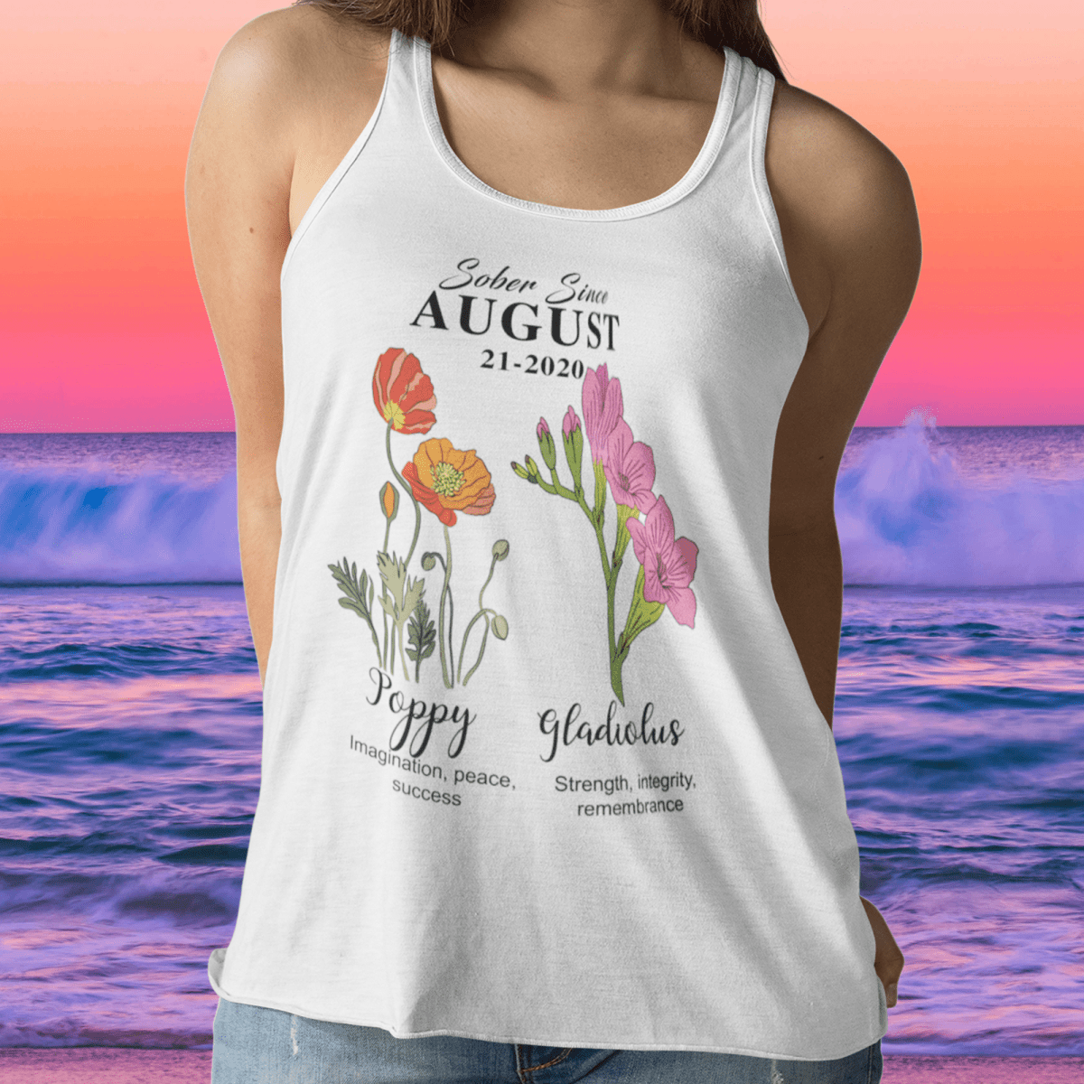 Sober Since Monthly Flower Racerback Tank – Personalized with Your Sober Date