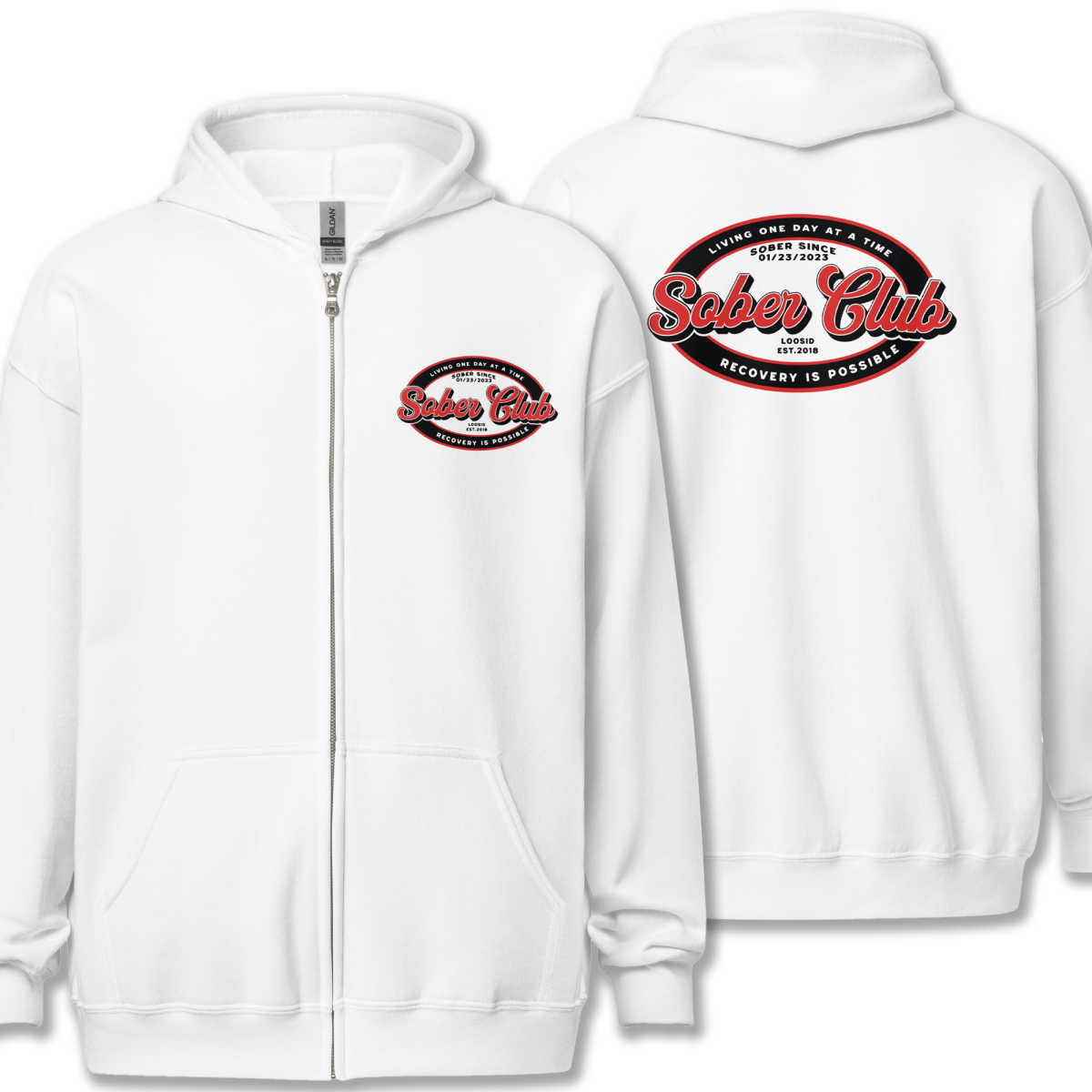 Sober Club Badge Unisex Zip Hoodie Front and Back Print Hoodie with Custom Sobriety Date (Front & Back)