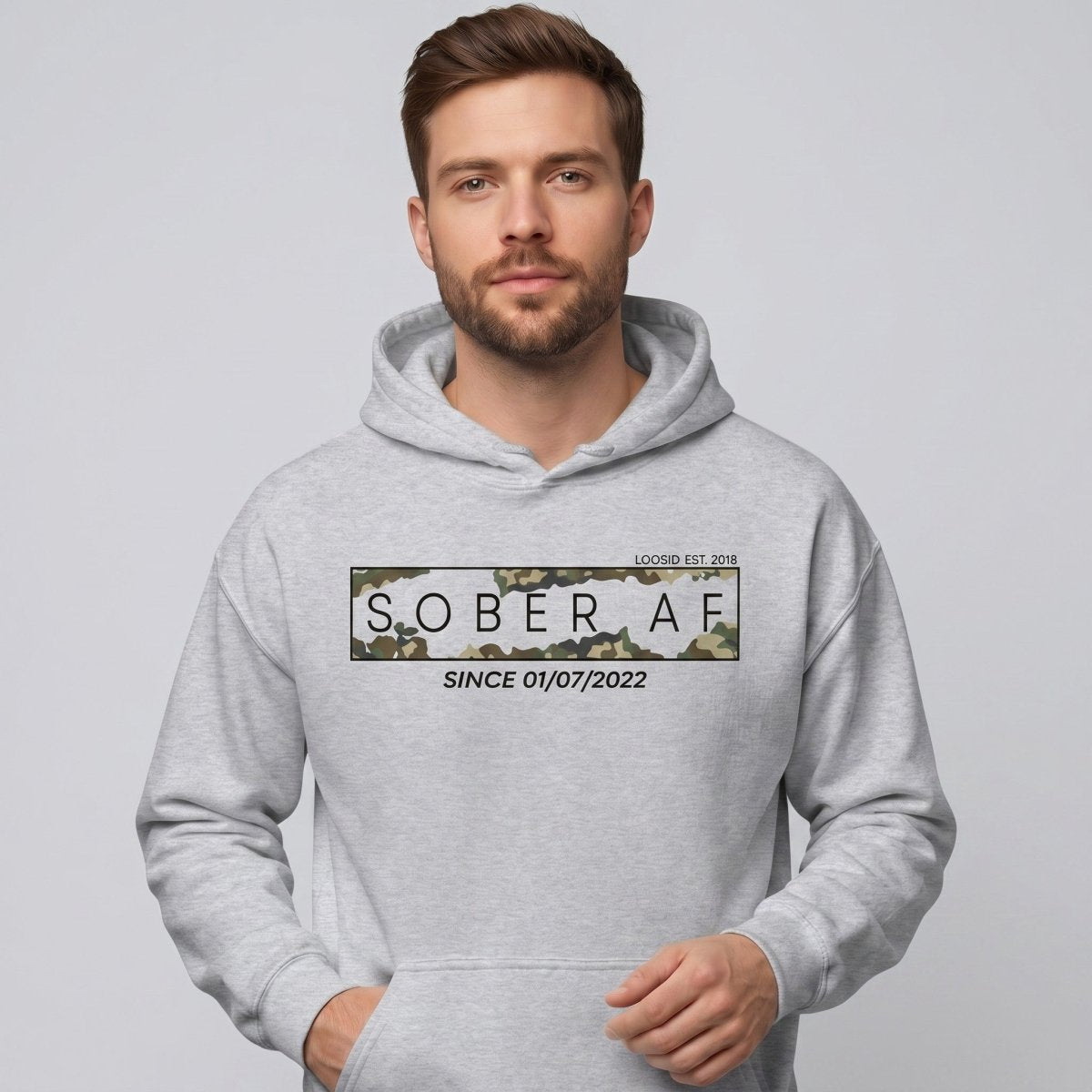 Recovery Hoodie | Men's Sober AF Camo Hoodie with Custom Sober Date