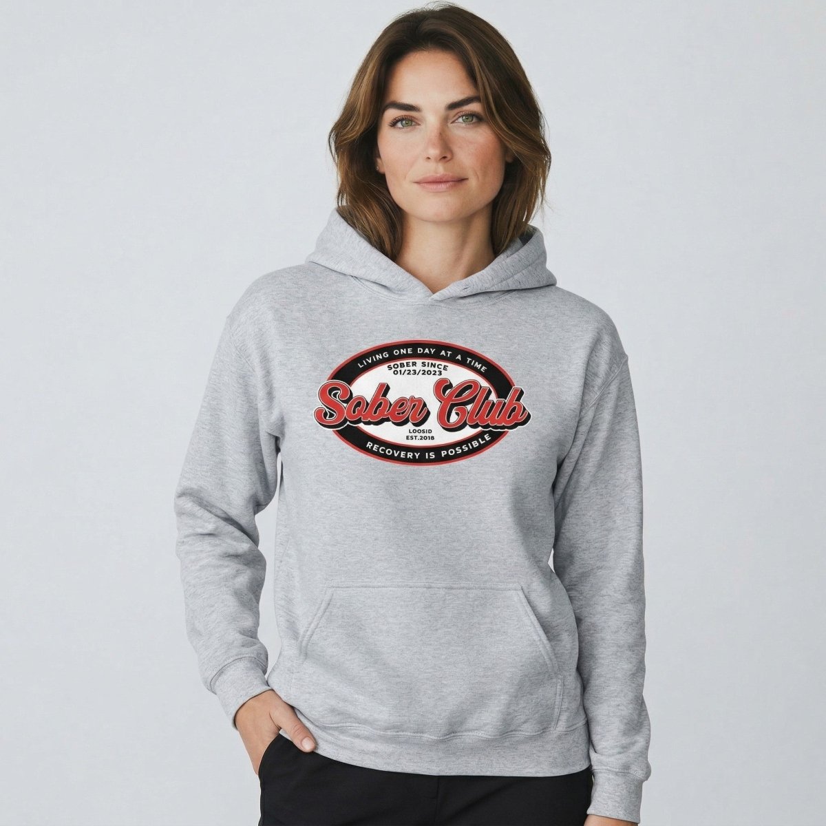 Sober Club Badge Unisex Hoodie with Custom Sobriety Date