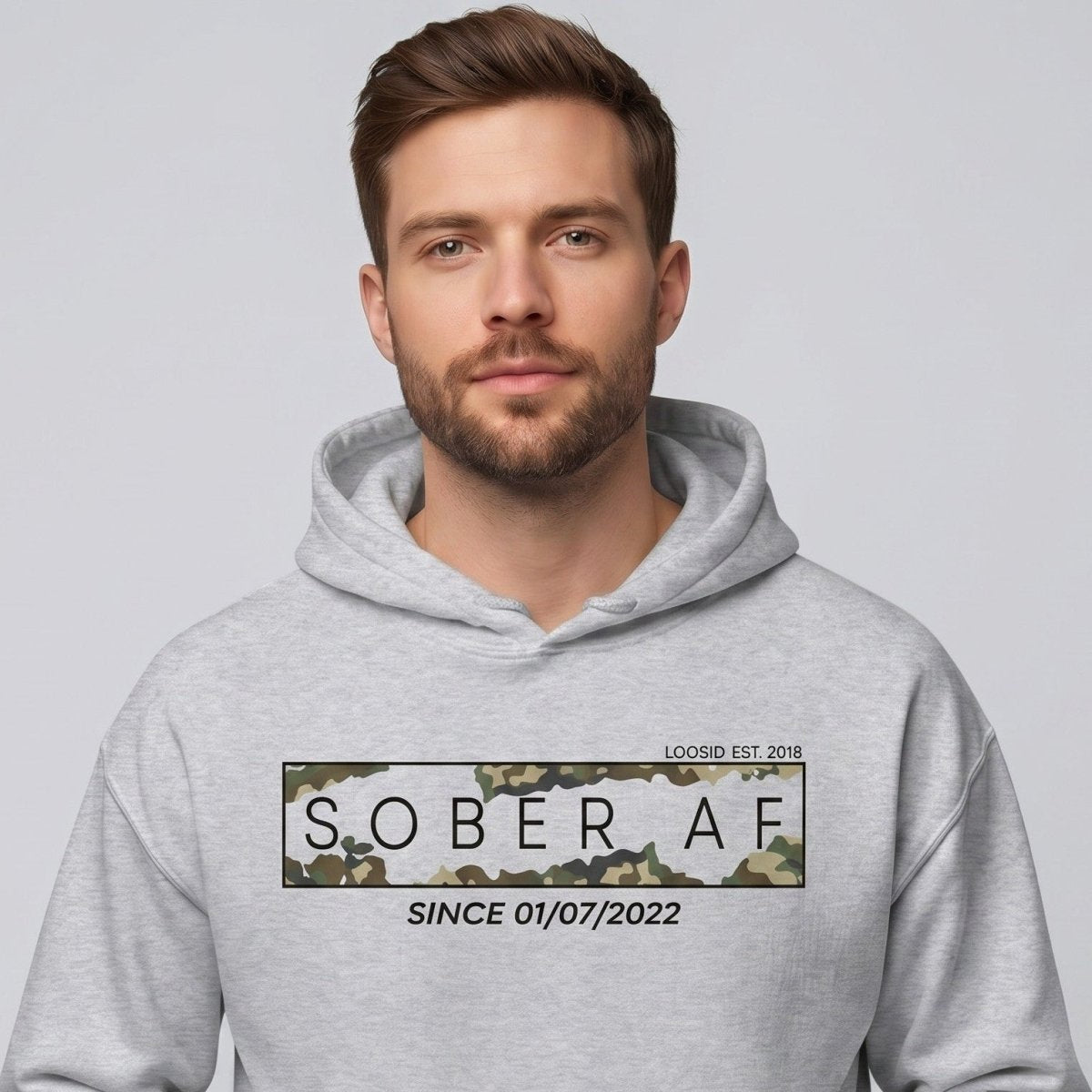 Recovery Hoodie | Men's Sober AF Camo Hoodie with Custom Sober Date