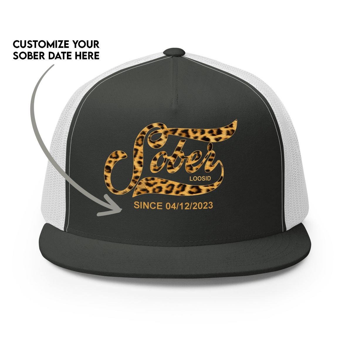Leopard Sober Since Printed Trucker Cap w/ Personalized Sobriety Date