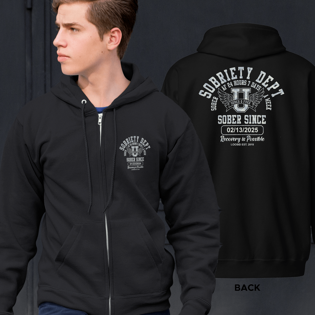 Sobriety Dept Unisex Zip Hoodie Front and Back Print Hoodie – Sober AF 24/7 with Custom Sobriety Date