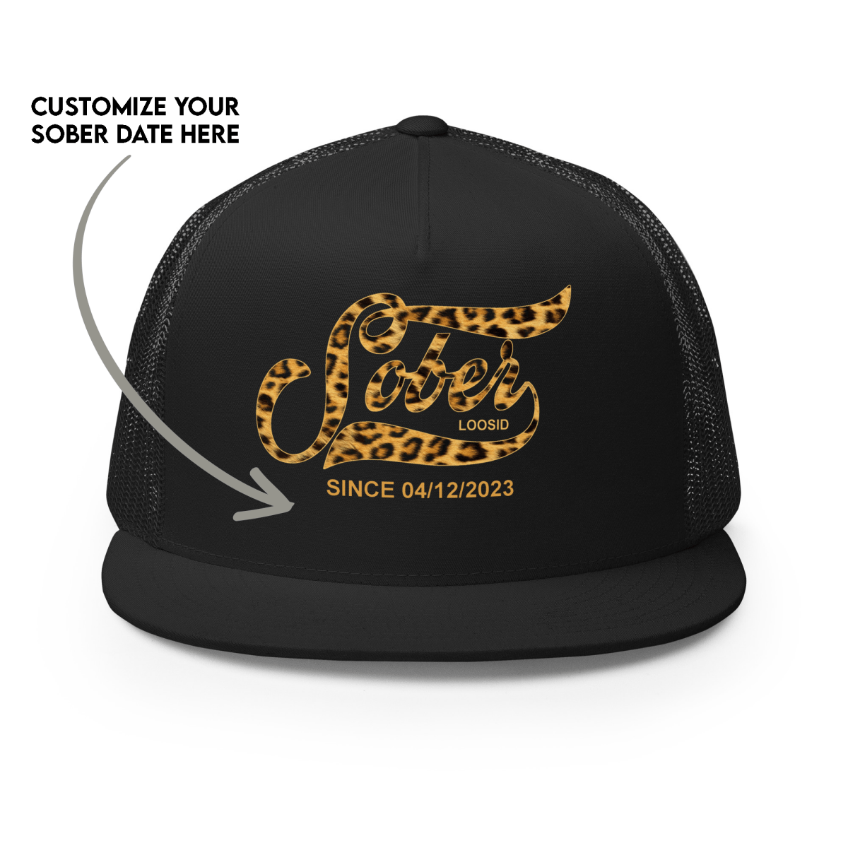 Leopard Sober Since Printed Trucker Cap w/ Personalized Sobriety Date