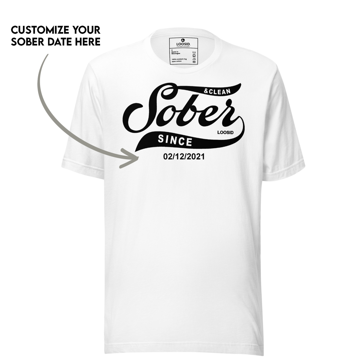 Back view of person wearing sobriety t shirt with jeans