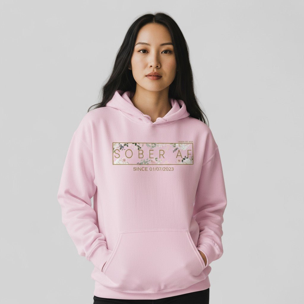 Recovery Hoodie | Women's Sober AF Flower Hoodie with Custom Date