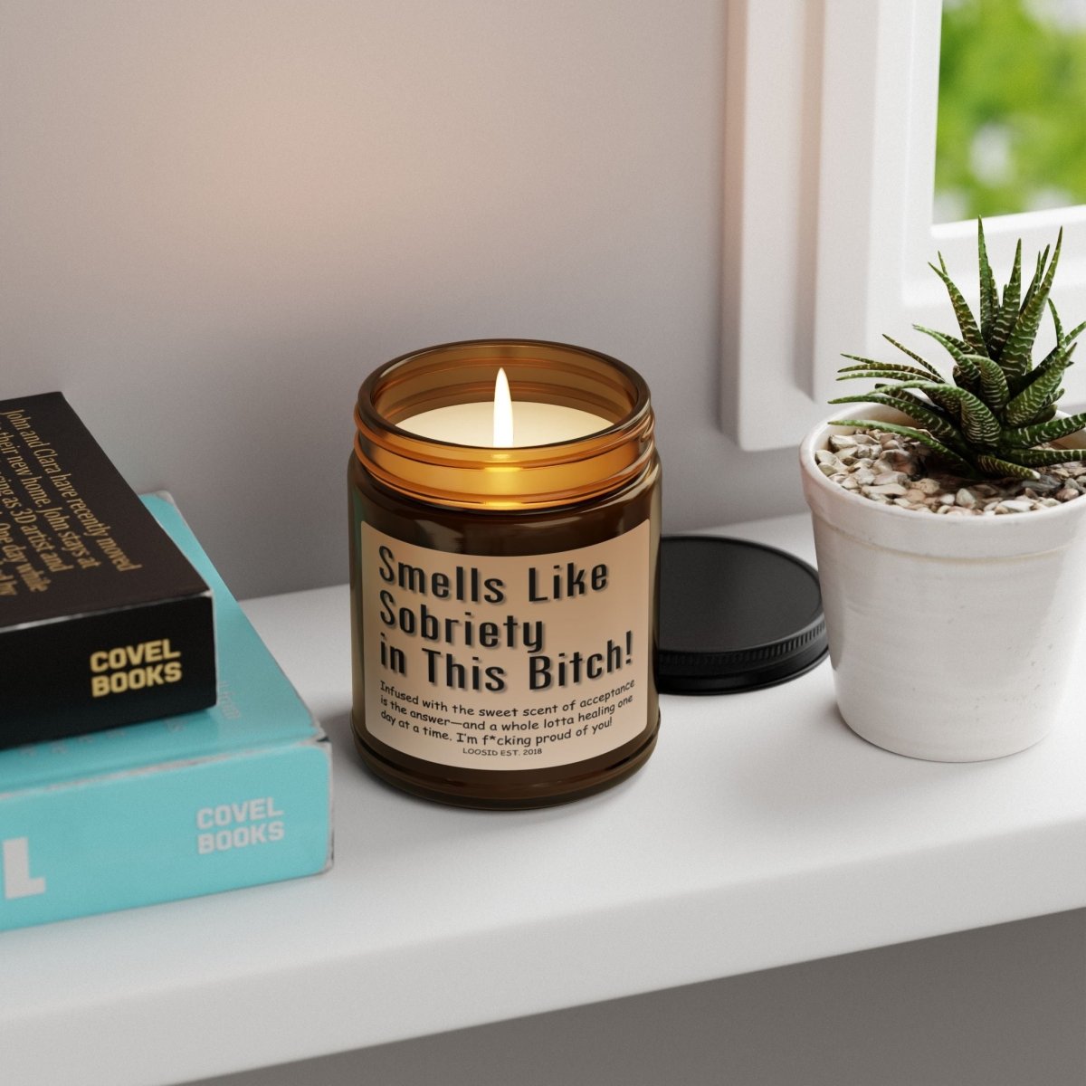 Smells Like Sobriety in This B Scented Soy Sobriety Candle flat lay styled image (view 3)