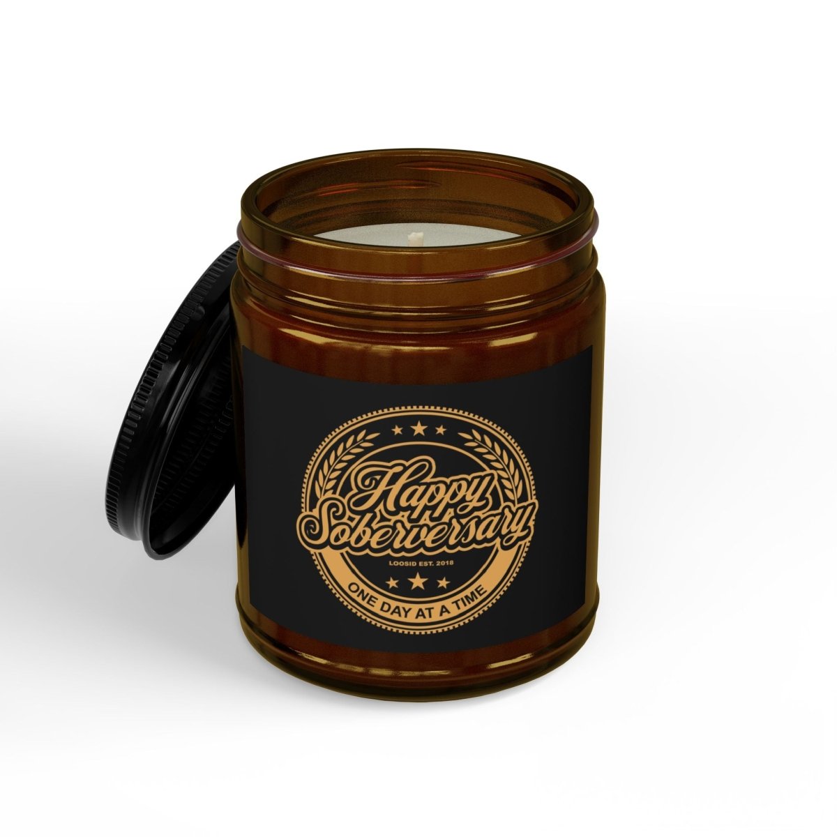 Happy Soberversary Scented Soy Candles with Black Lid Sobriety Gift flat lay styled image (view 3)