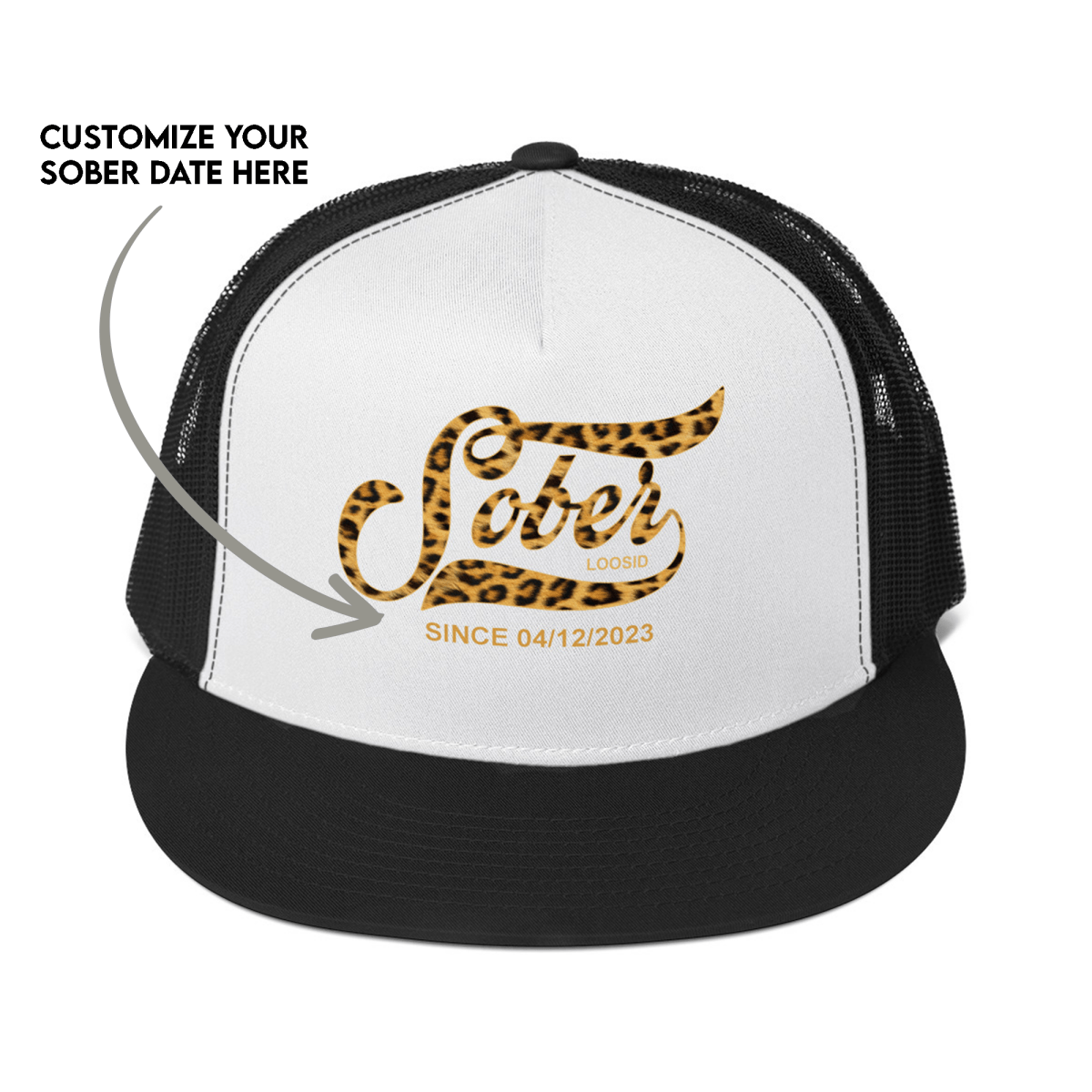 Leopard Sober Since Printed Trucker Cap w/ Personalized Sobriety Date