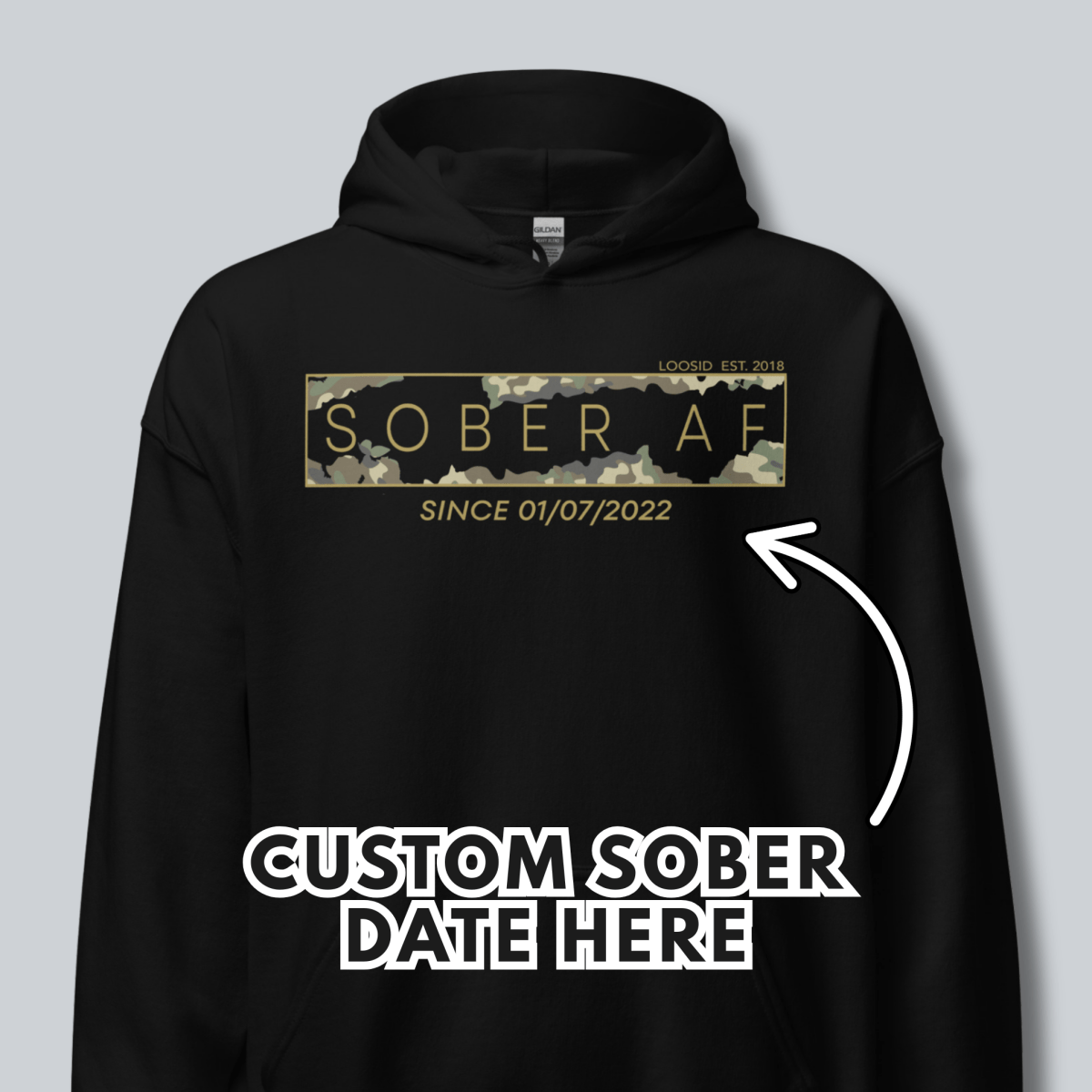 Recovery Hoodie | Men's Sober AF Camo Hoodie with Custom Sober Date