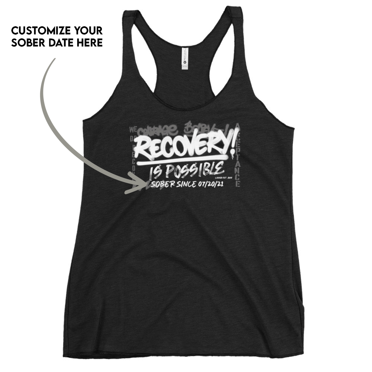 Women’s Recovery Is Possible Racerback Tank w/ Personalized Sobriety Date