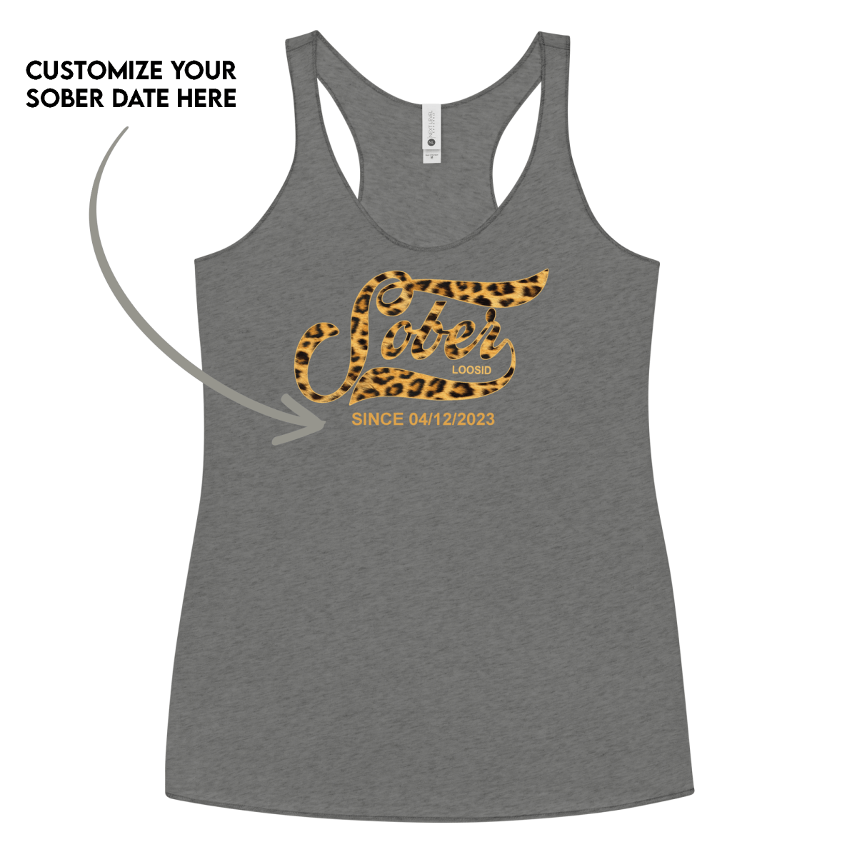 Leopard Sober Since Racerback Tank w/ Personalized Sobriety Date