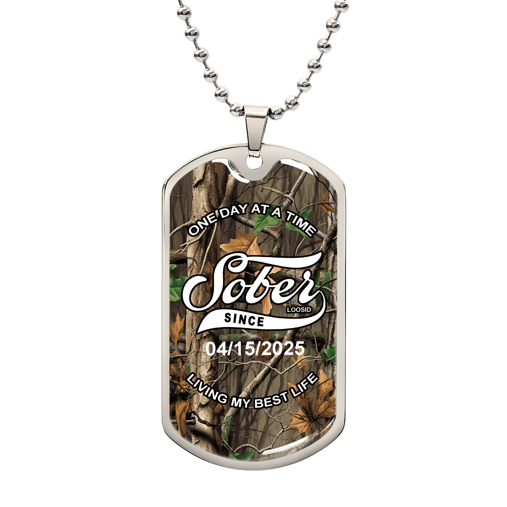 Hunting Camo with Personalized 'Sober Since' Date Sober Jewelry lifestyle view (view 5)