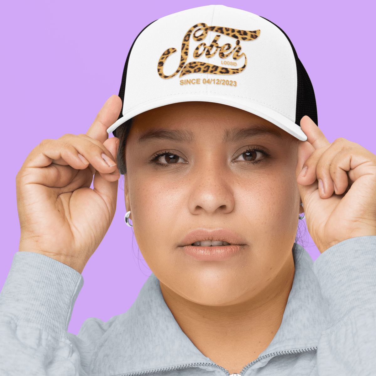 Leopard Sober Since Printed Trucker Cap w/ Personalized Sobriety Date