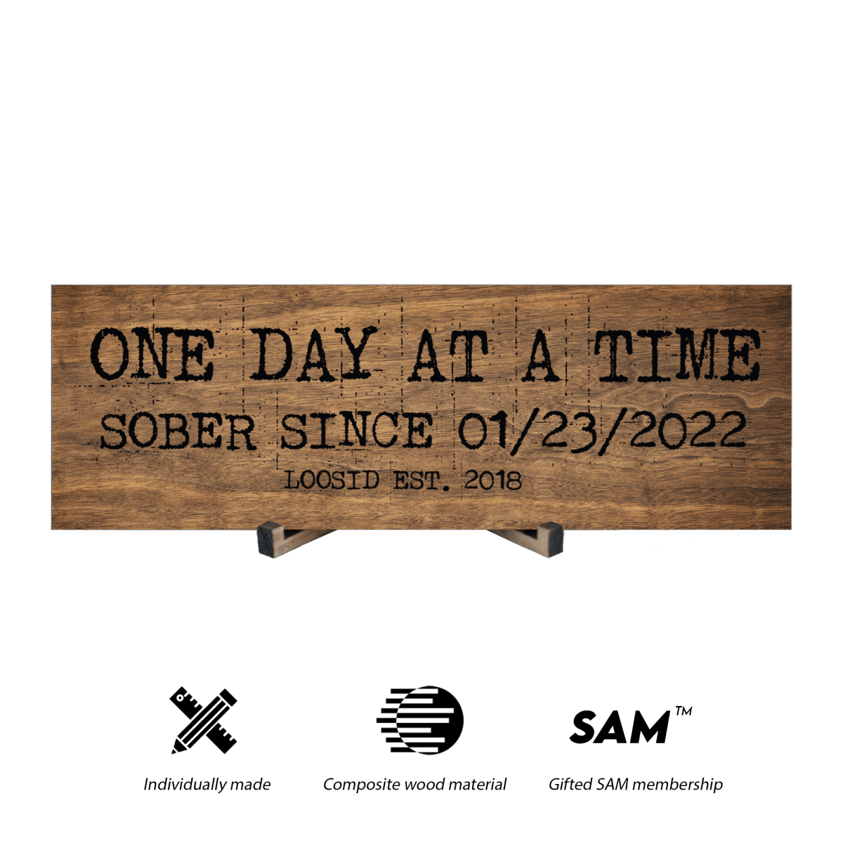 One Day At A Time Printed Composite Brown Wood Sign w/ Personalized Sobriety Date