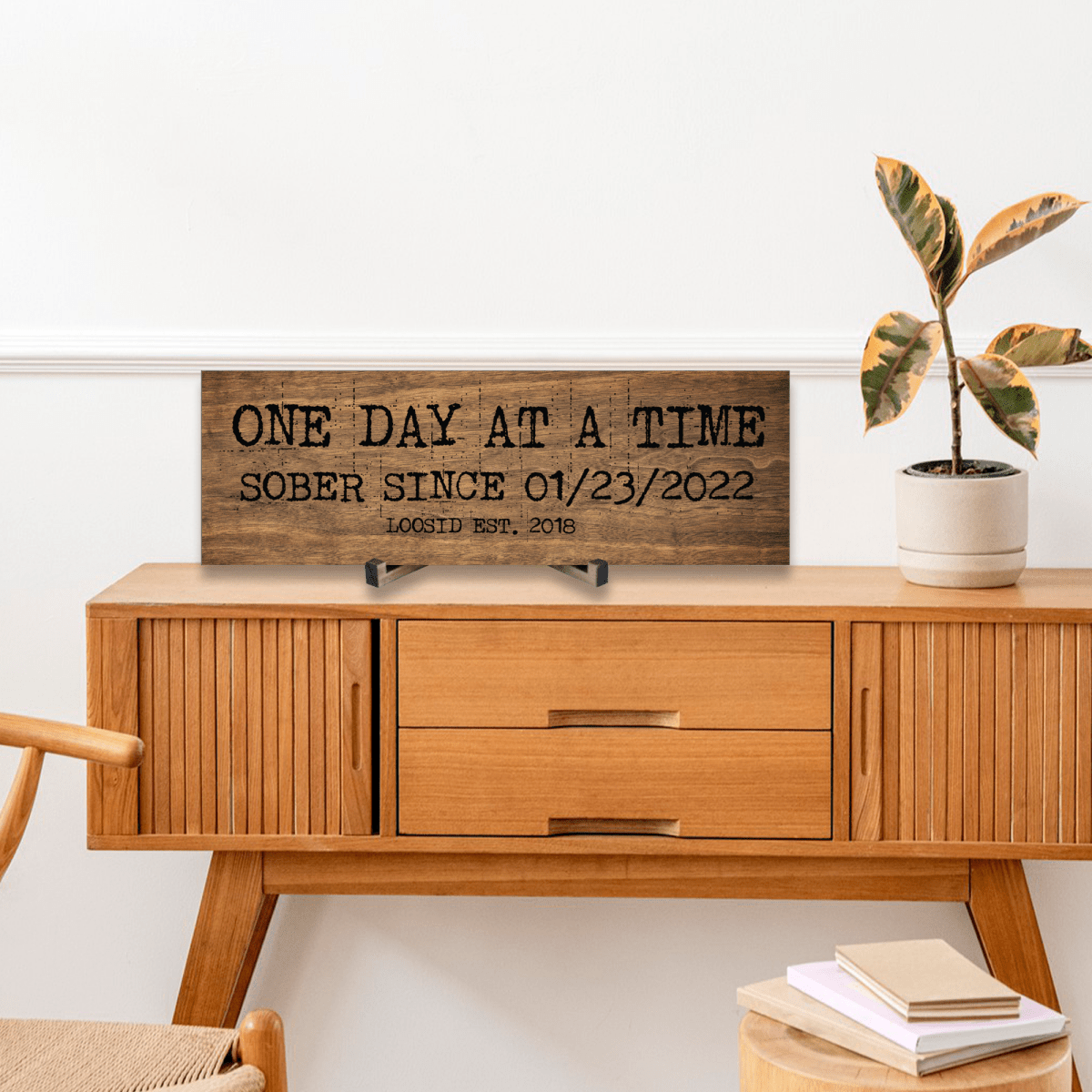 One Day At A Time Printed Composite Brown Wood Sign w/ Personalized Sobriety Date