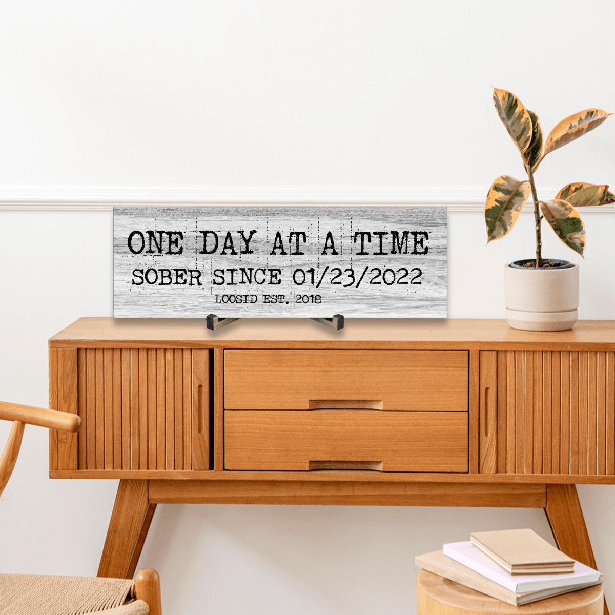 One Day At A Time Printed Composite White Wood Sign w/ Personalized Sobriety Date