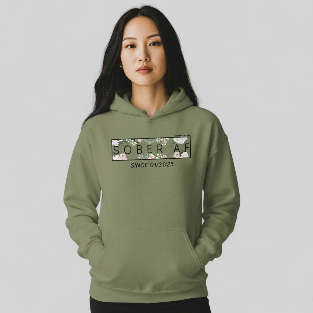 Recovery Hoodie | Women's Sober AF Flower Hoodie with Custom Date
