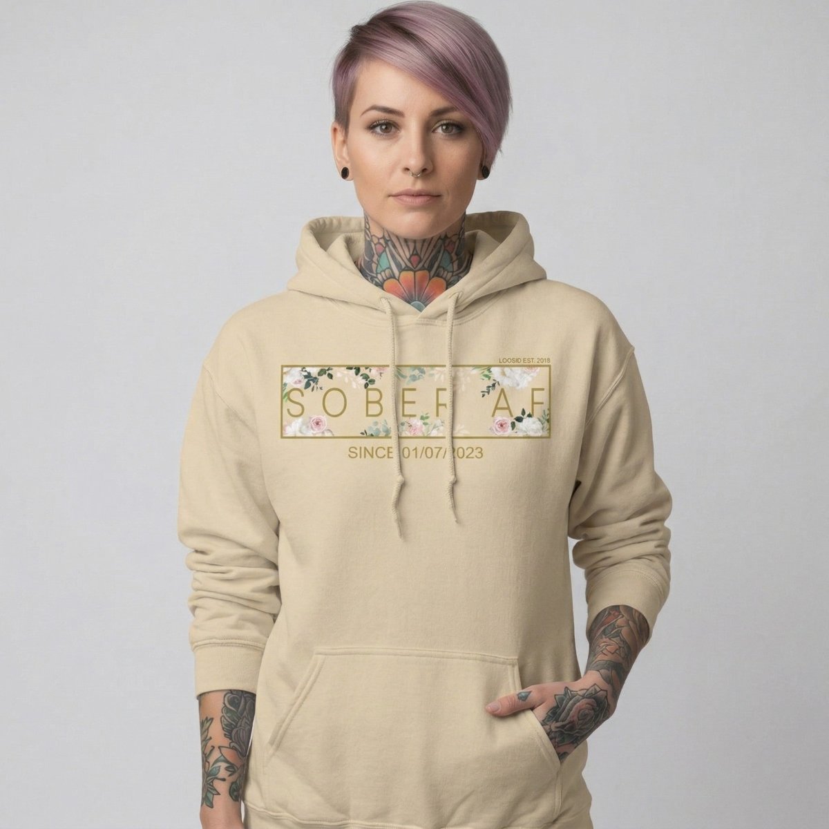 Recovery Hoodie | Women's Sober AF Flower Hoodie with Custom Date