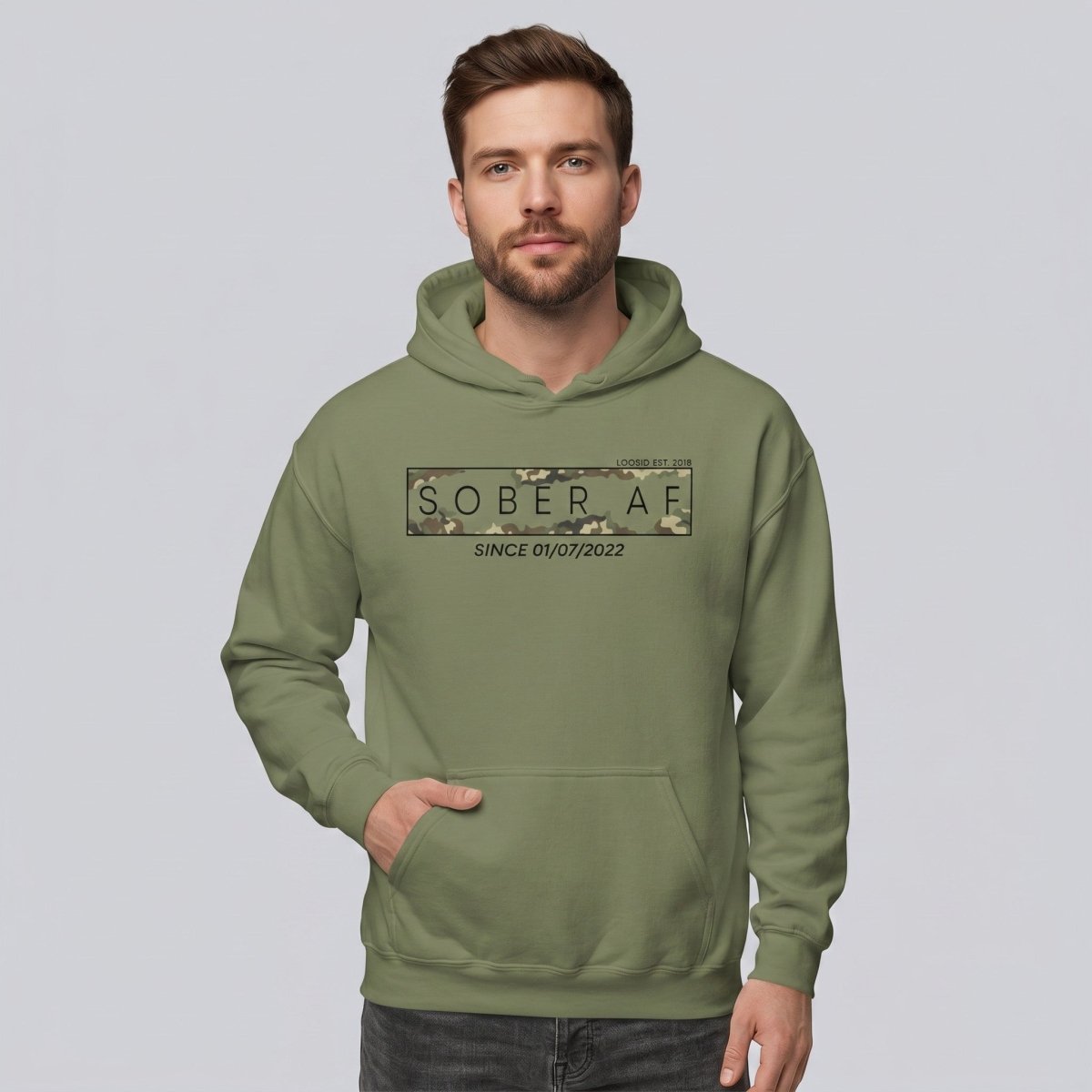 Recovery Hoodie | Men's Sober AF Camo Hoodie with Custom Sober Date