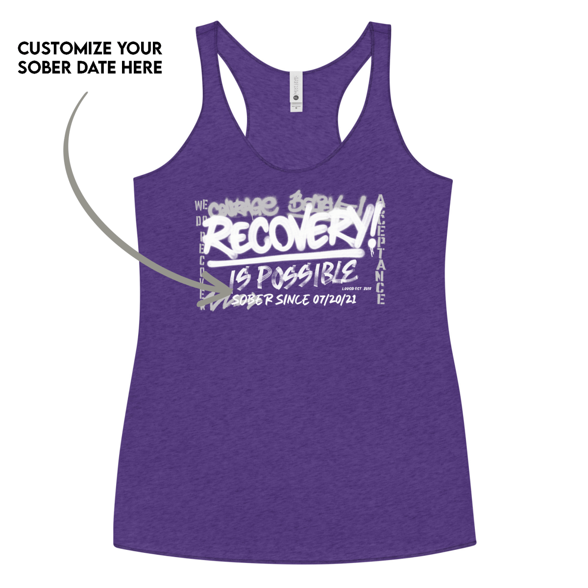 Women’s Recovery Is Possible Racerback Tank w/ Personalized Sobriety Date