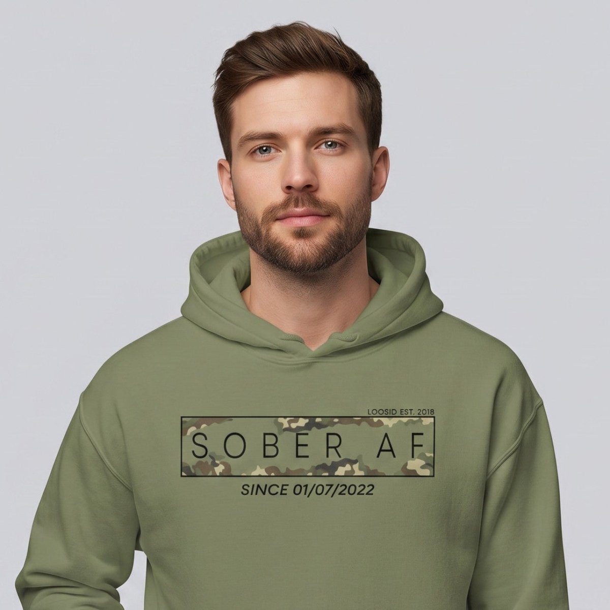 Recovery Hoodie | Men's Sober AF Camo Hoodie with Custom Sober Date