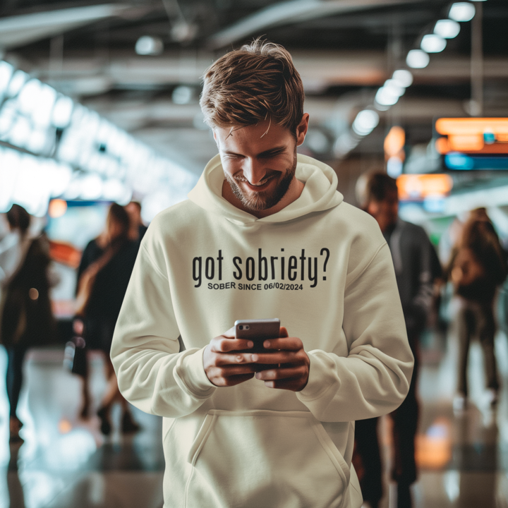 Man wearing a sober merch hoodie