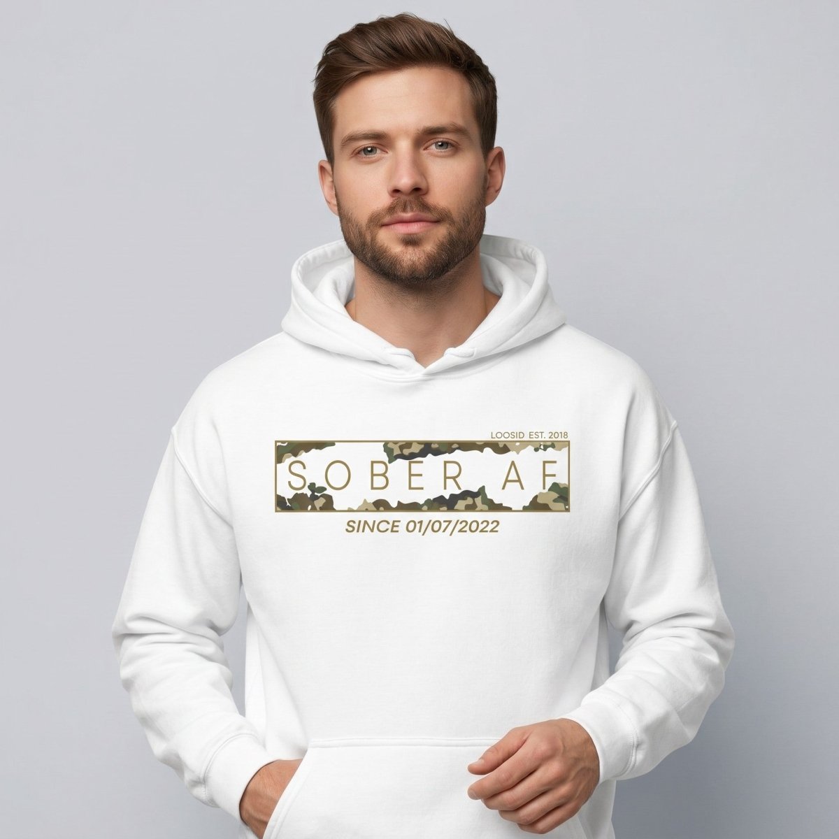 Recovery Hoodie | Men's Sober AF Camo Hoodie with Custom Sober Date