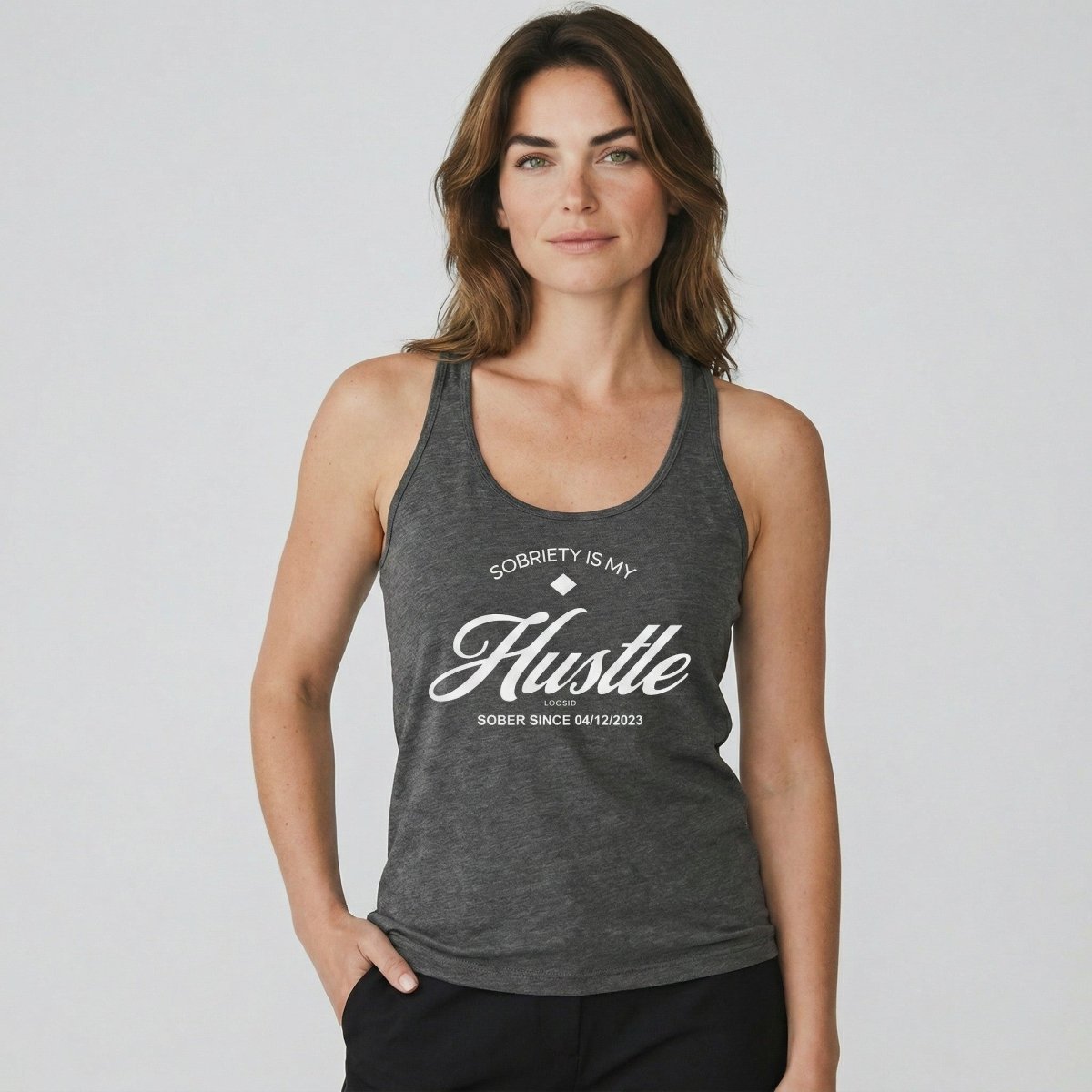 Hustle Women's Racerback Tank w/Personalize Sober Date