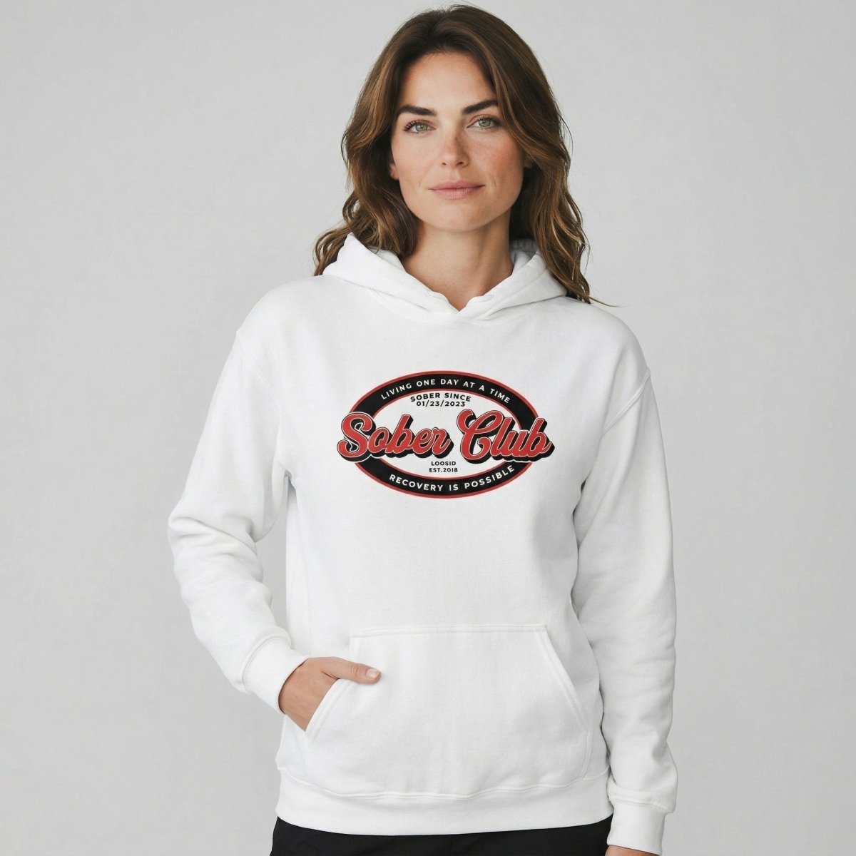 Sober Club Badge Unisex Hoodie with Custom Sobriety Date