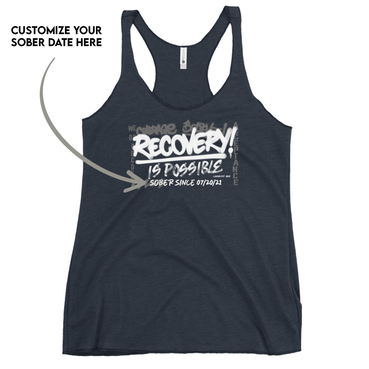 Women’s Recovery Is Possible Racerback Tank w/ Personalized Sobriety Date