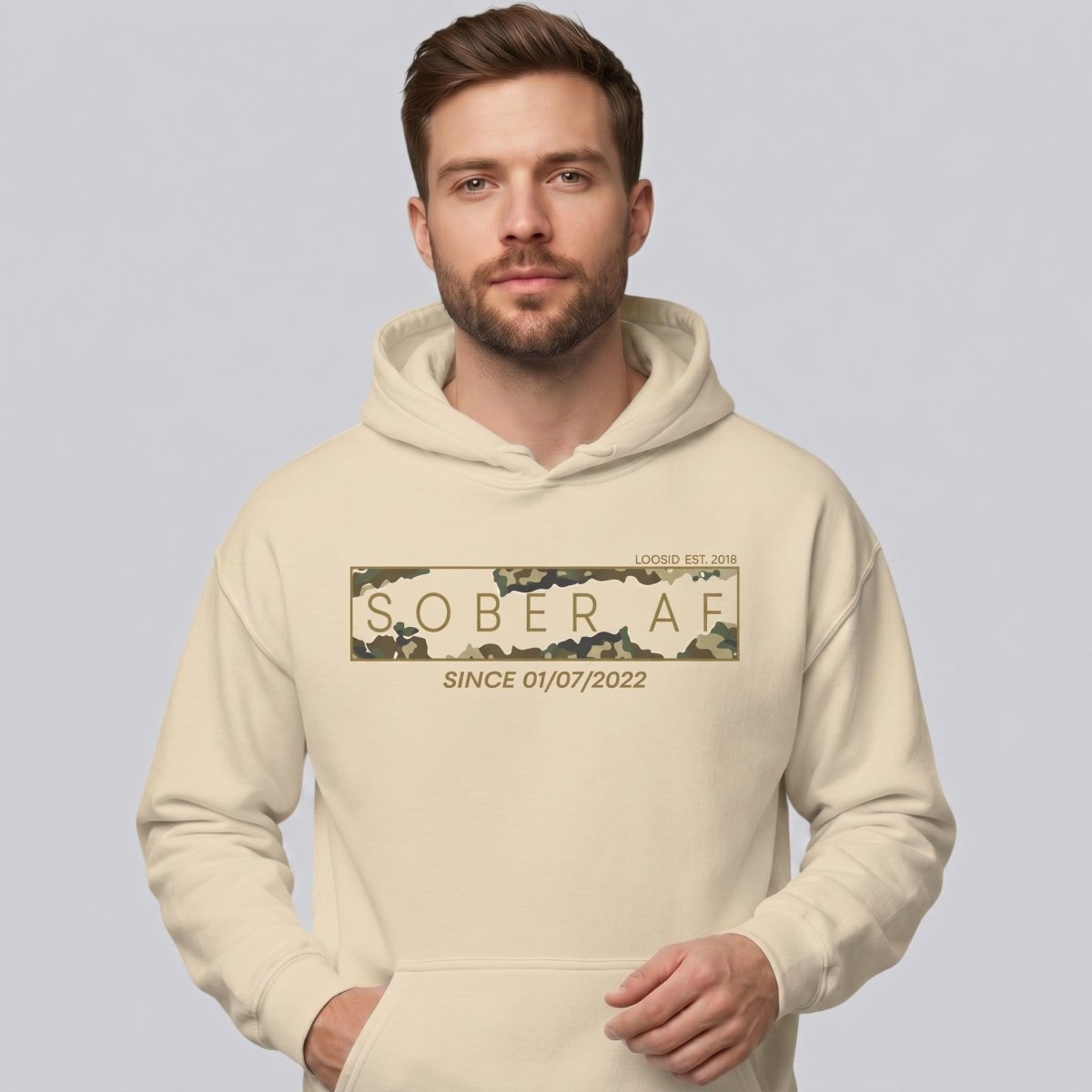Recovery Hoodie | Men's Sober AF Camo Hoodie with Custom Sober Date