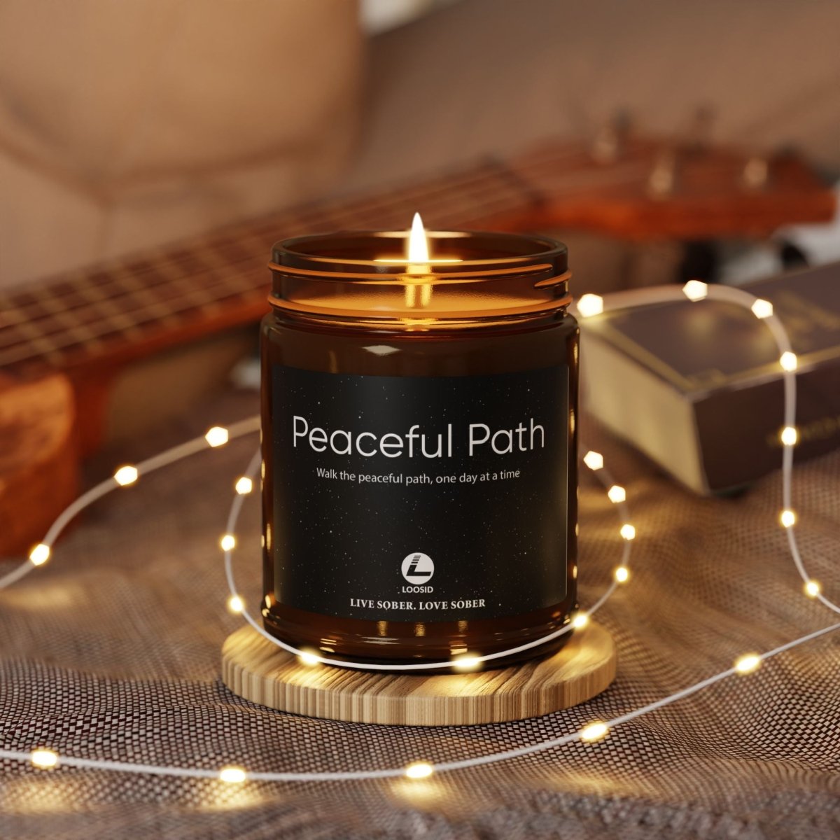 Peaceful Path Scented Soy Sobriety Candle flat lay styled image (view 3)
