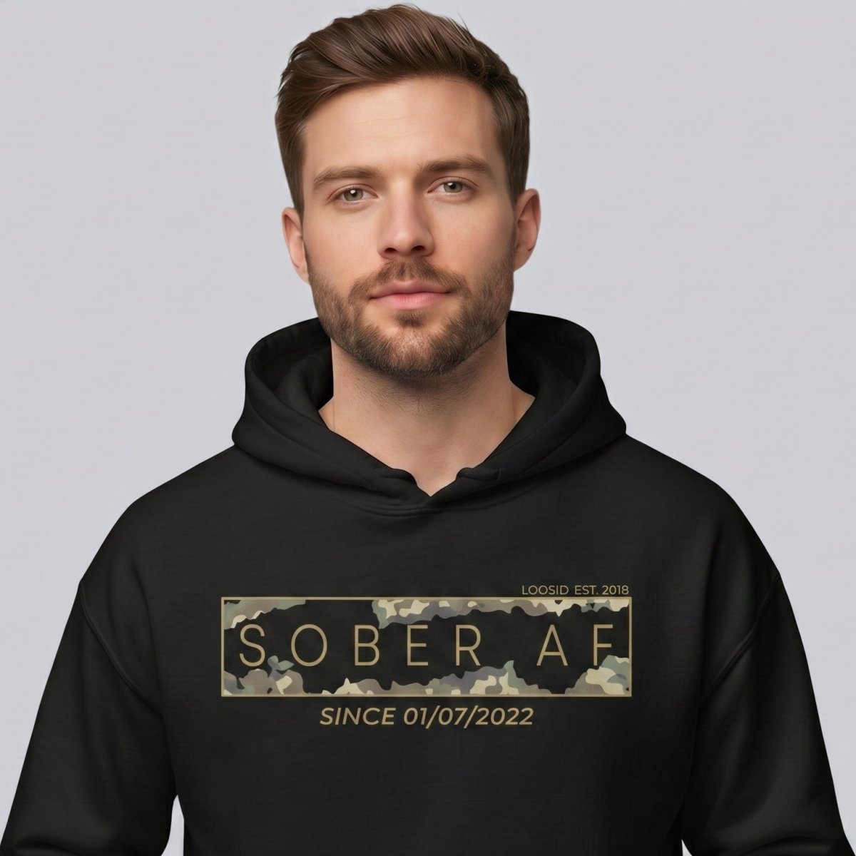 Recovery Hoodie | Men's Sober AF Camo Hoodie with Custom Sober Date