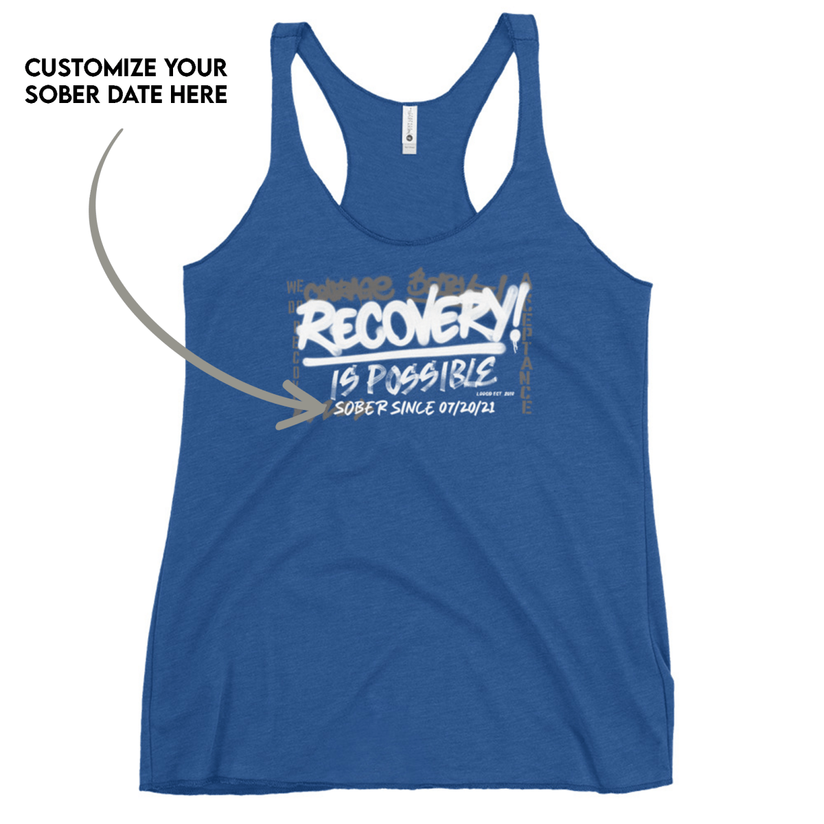 Women’s Recovery Is Possible Racerback Tank w/ Personalized Sobriety Date