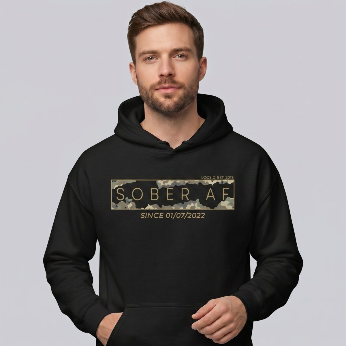 Recovery Hoodie | Men's Sober AF Camo Hoodie with Custom Sober Date