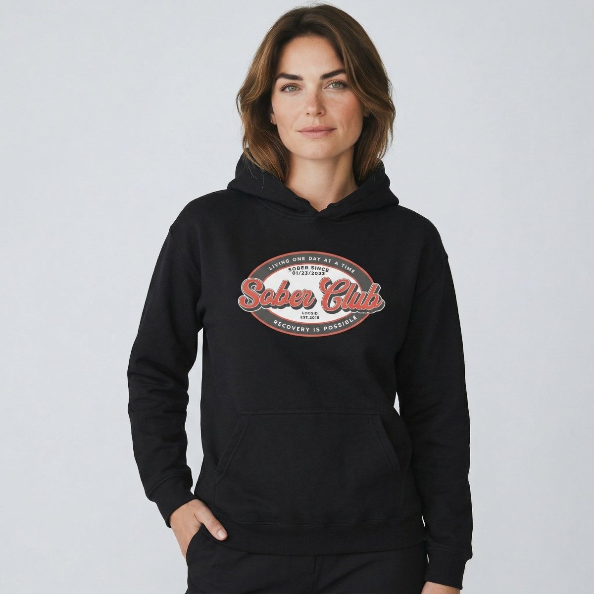 Sober Club Badge Unisex Hoodie with Custom Sobriety Date