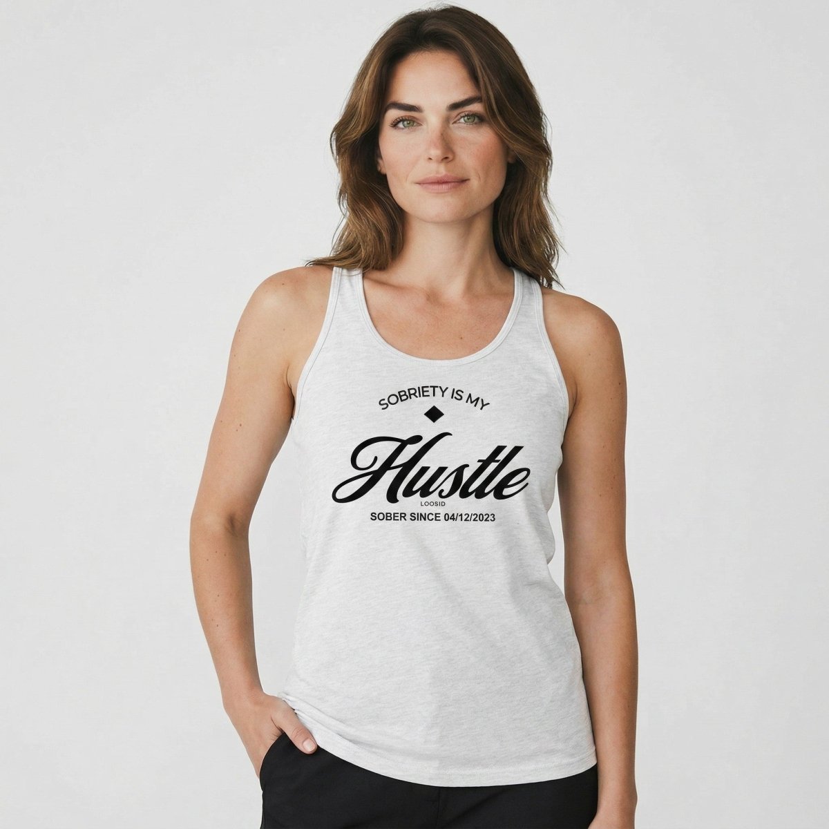 Hustle Women's Racerback Tank w/Personalize Sober Date