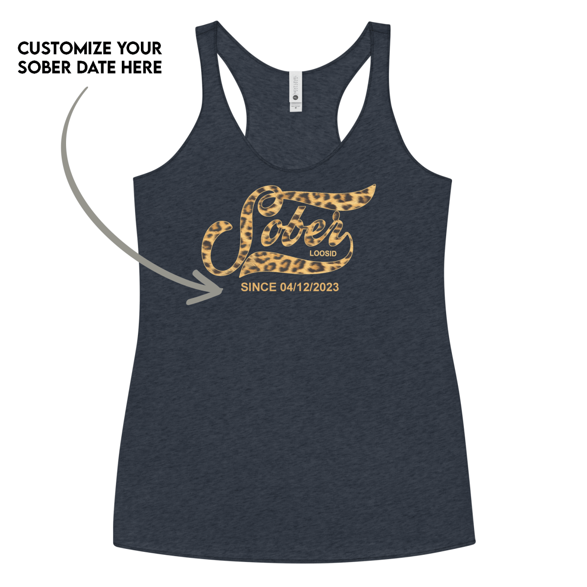 Leopard Sober Since Racerback Tank w/ Personalized Sobriety Date