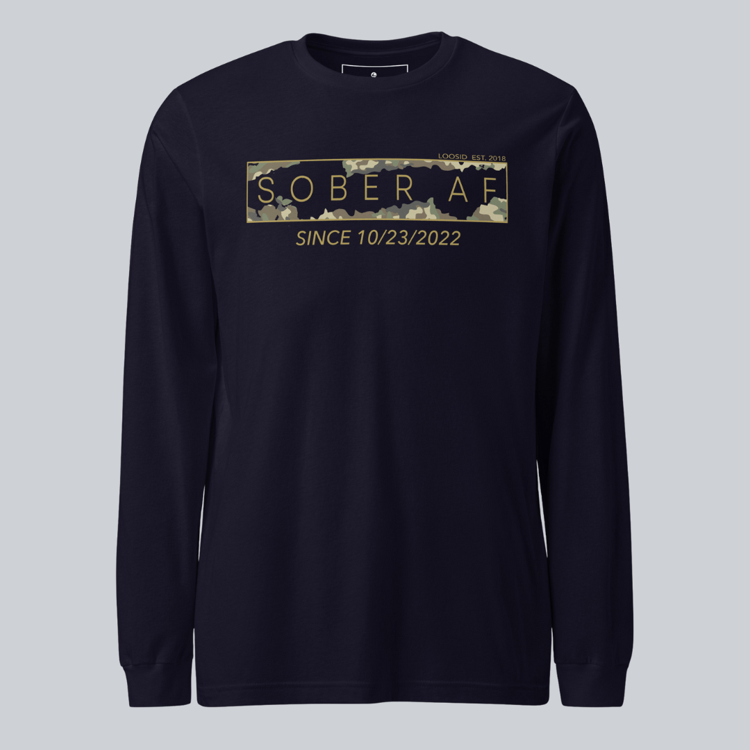 Men's Sober AF Camo Long Sleeve T-shirt with Custom Sobriety Date