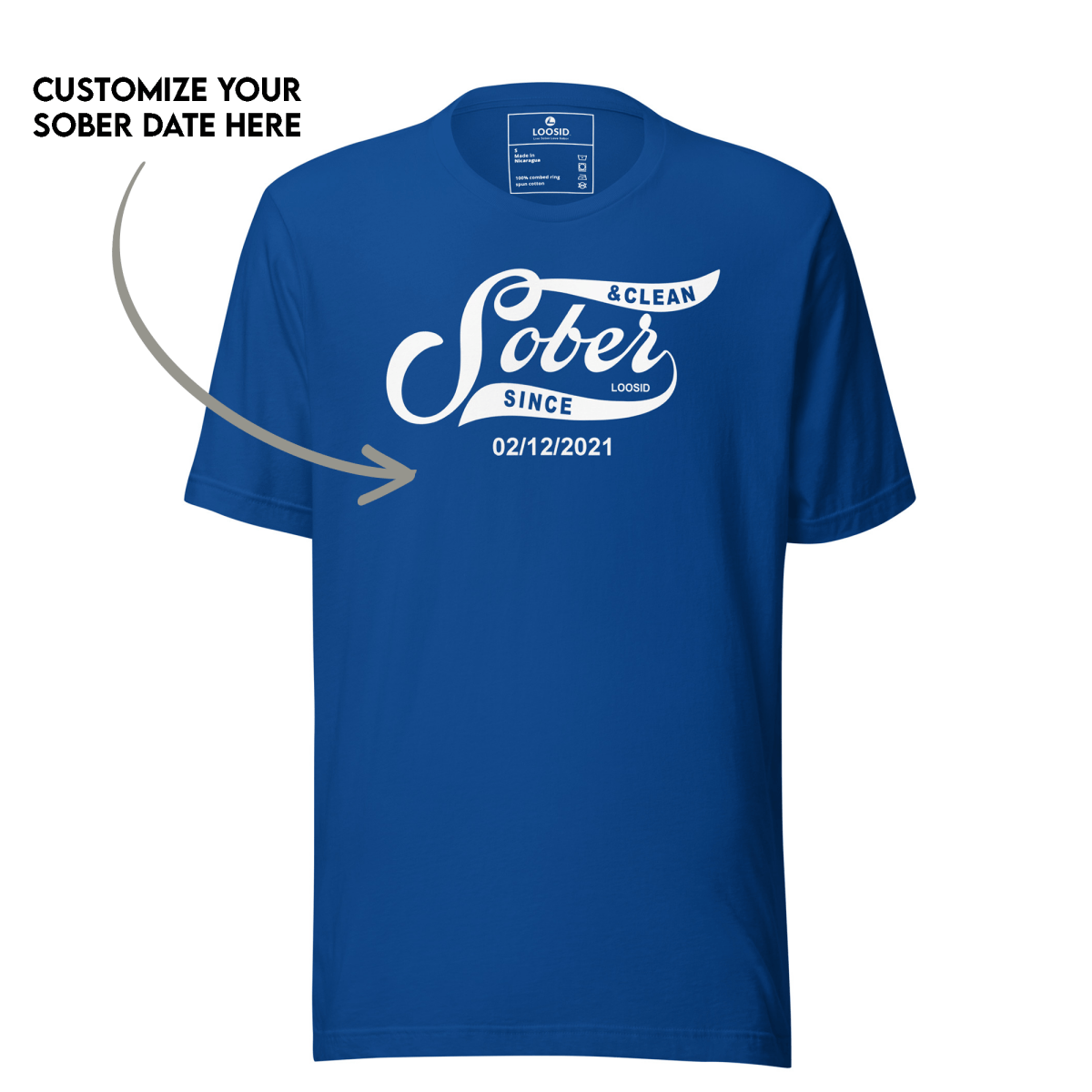 Side view of model in sobriety t shirt highlighting fit and design