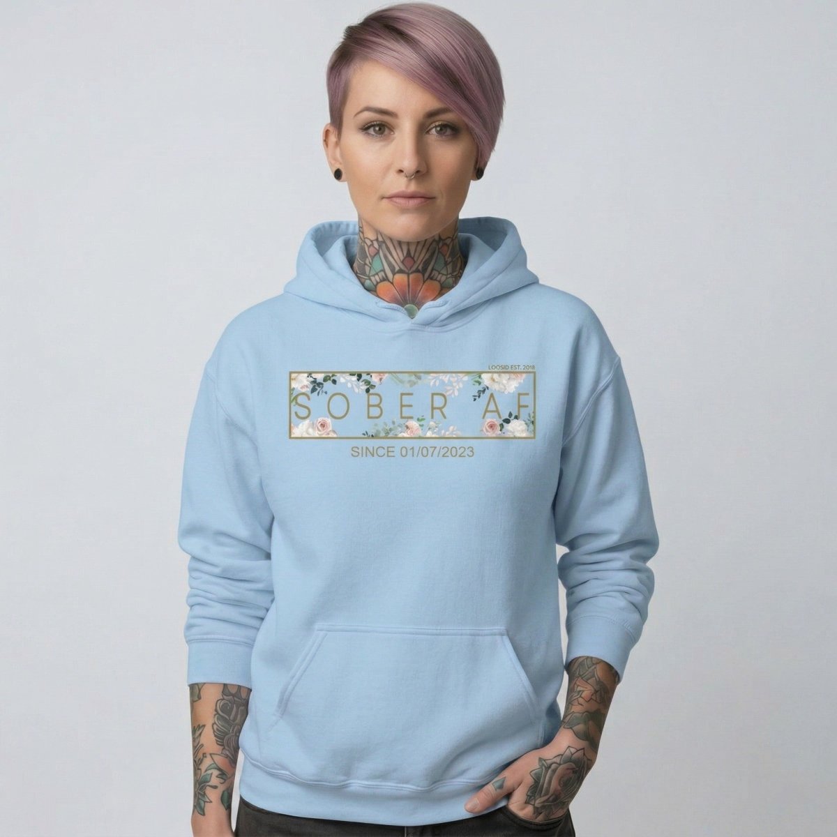Recovery Hoodie | Women's Sober AF Flower Hoodie with Custom Date